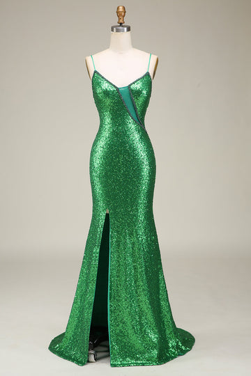 Sparkly Mermaid Spaghetti Straps Green Sequins Long Formal Dress with Split Front